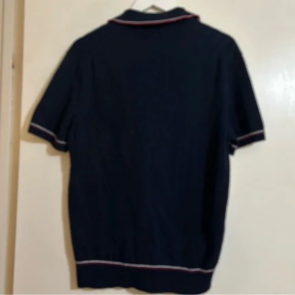 Ben Sherman Polo Shirt Mens Med Navy Blue Red Retro Textured Knit Ribbed Sweater - Picture 6 of 6